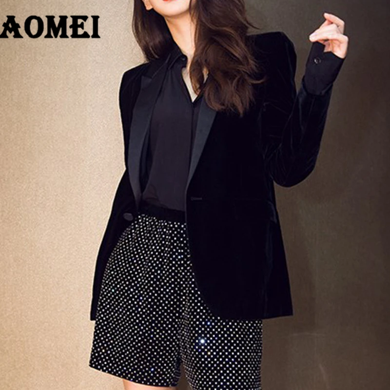 

Women Velvet Blazer Coat Tops Clothing Black Jackets Fall Blasers Autumn Fashion Outcoats Korean Elegant Modest Workwear Outwear