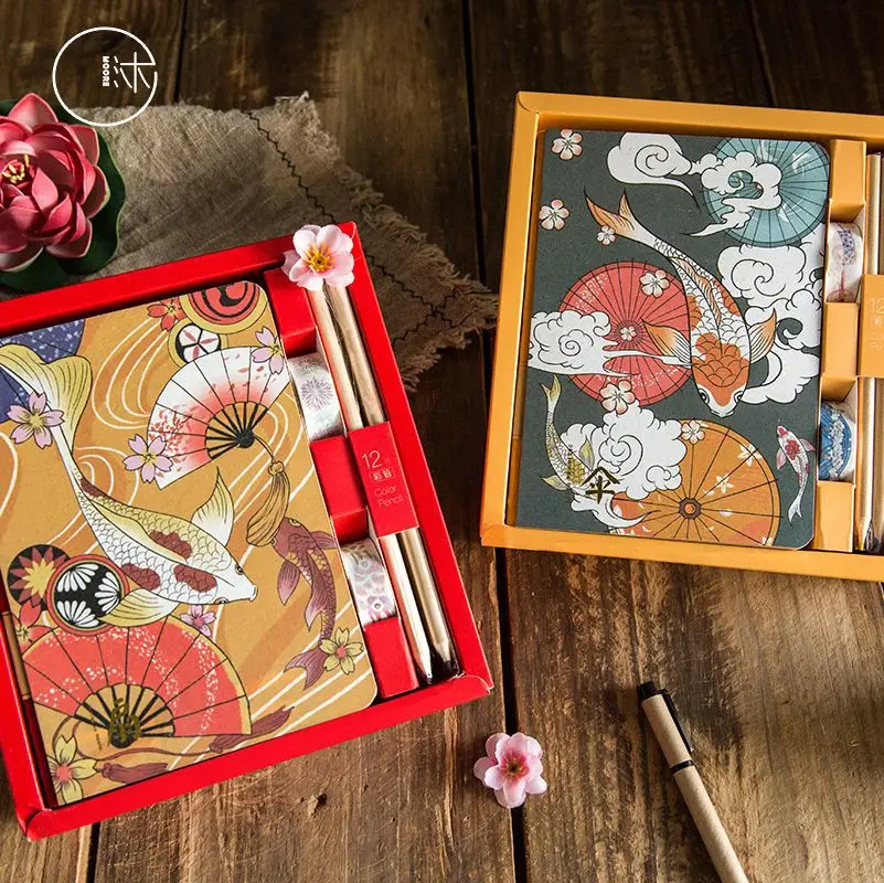 

Japanese Style Stationary Set Kawaii Koi Carp Notebook Brush Pen Washi Tape Set Bullet Journal Cute School Office Supplies Gift