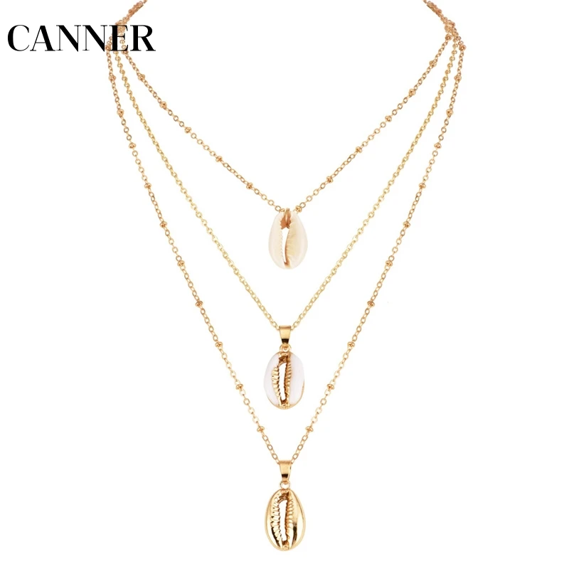 

CANNER Three Layers Shell Pendant Necklace Natural Gold Cowrie Women Best Friend Cowry Seashell Necklace Bohemian Jewelry R4