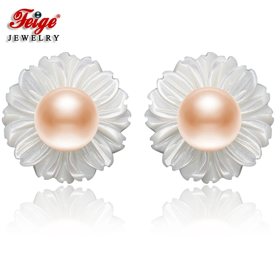 

FEIGE 6-7mm P Freshwater Pearls 925 Silver Shell Carvings Stud Earrings For Women's Brincos Exclusive Design Fine Jewelry
