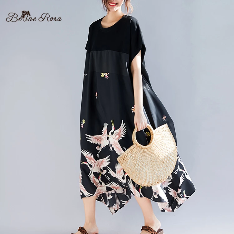 Billig BelineRosa 2019 Sommer Urlaub Casual Stil Hemd Kleider Elegante Druck Unregelmäßigen Rand Schwarz Plus Größe Tunika Kleid TYW00972