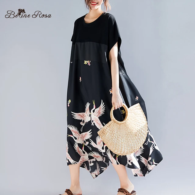 BelineRosa 2019 yaz tatili rahat tarzı gömlek elbiseler zarif baskı düzensiz Hem siyah artı boyutu tunik elbise TYW00972