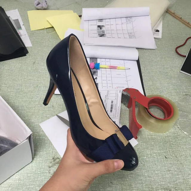 navy blue round toe pumps low heels bowknot vintage shoes women plus size 15 foot