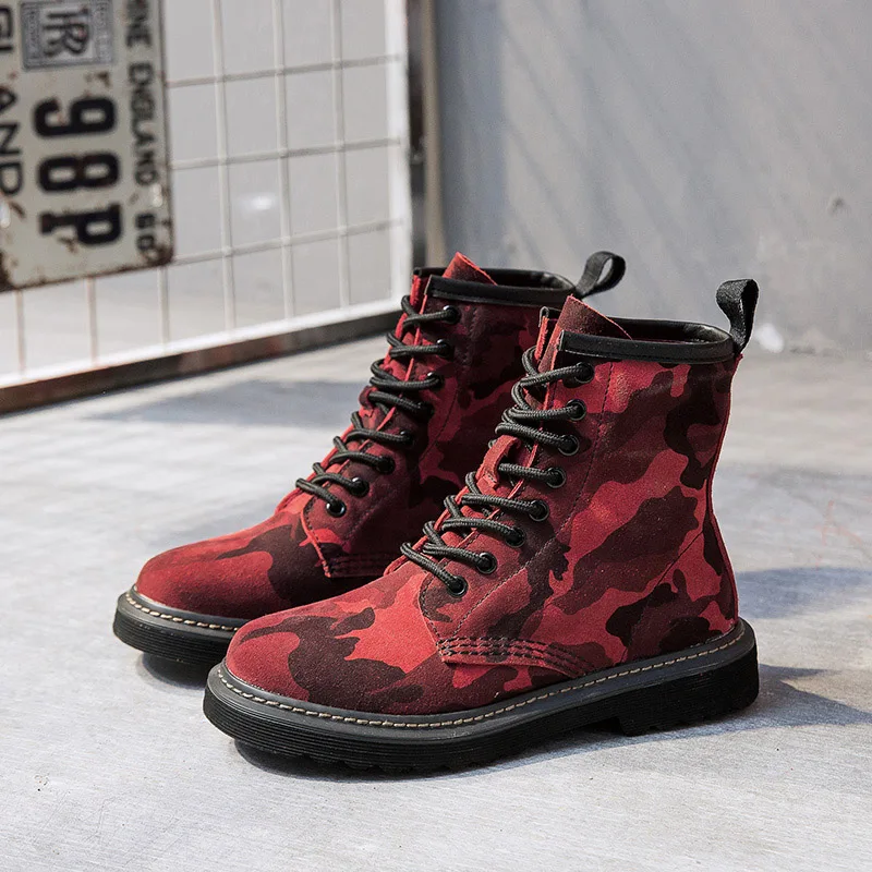 

Camouflage Martin Boots Red Women Shoes For Woman Genuine Leather Female Motorcycle Boots Lace Up 2018 Spring Autumn Round Toe