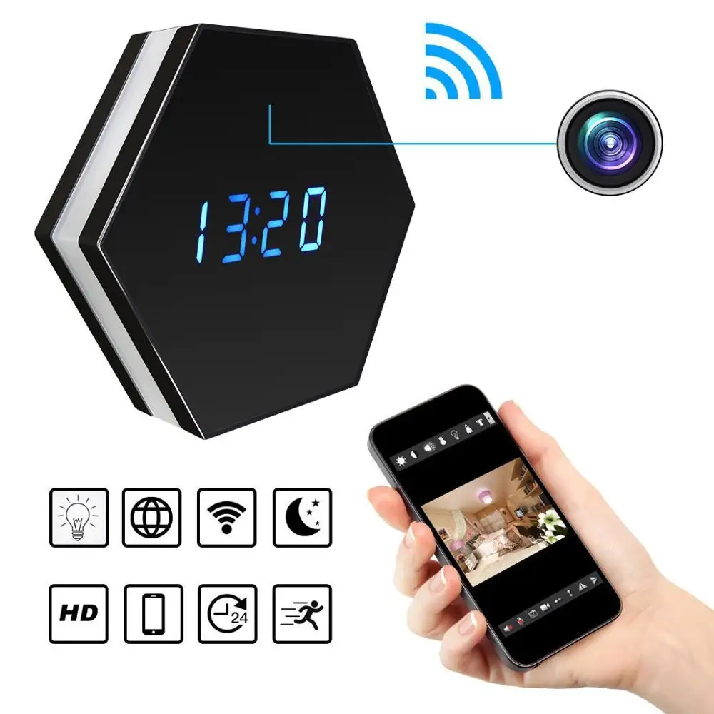

WiFi Mini Camera Alarm Clock HD 1080P Video Recorder Night Vision Motion Sensor Home Security DVR IP Nanny Cam Colorful Lights