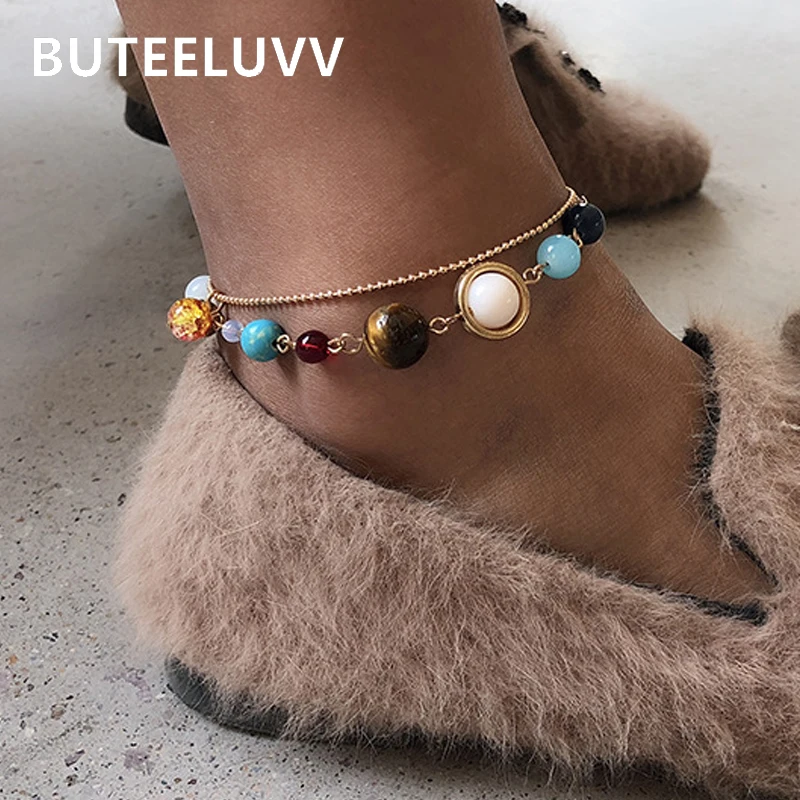 

BUTEELUVV 7 Chakra Beads Ankle Bracelets for Women Creative Beach Double Layered Gold Bead Chain Anklets Fashion Foot Jewelry