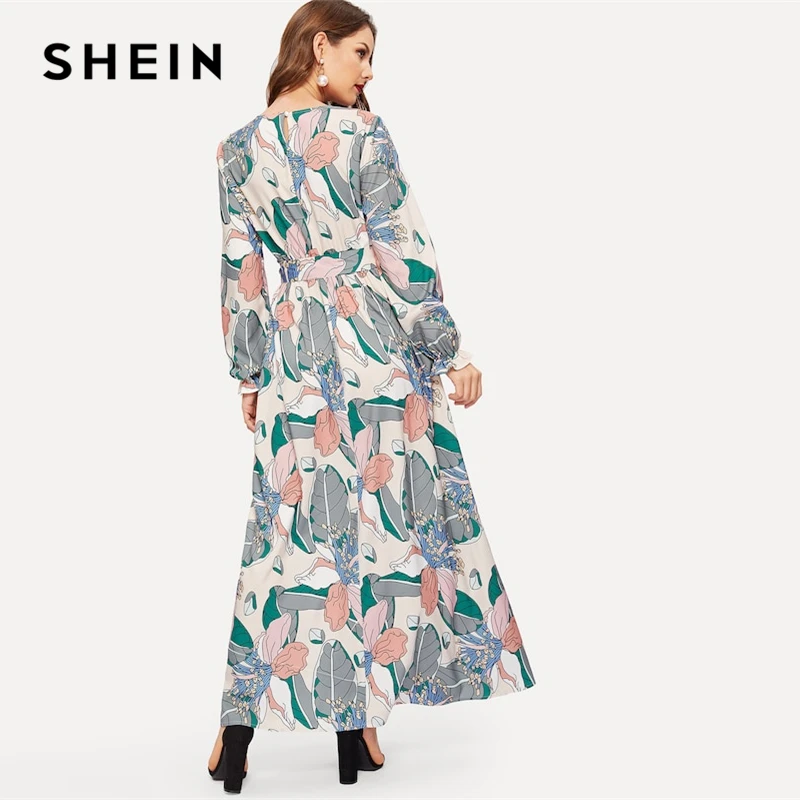 SHEIN Платье С Цветочным Принтом И Поясом Женское Весеннее Многоцветное Элегантное Платье С Длинными Рукавами