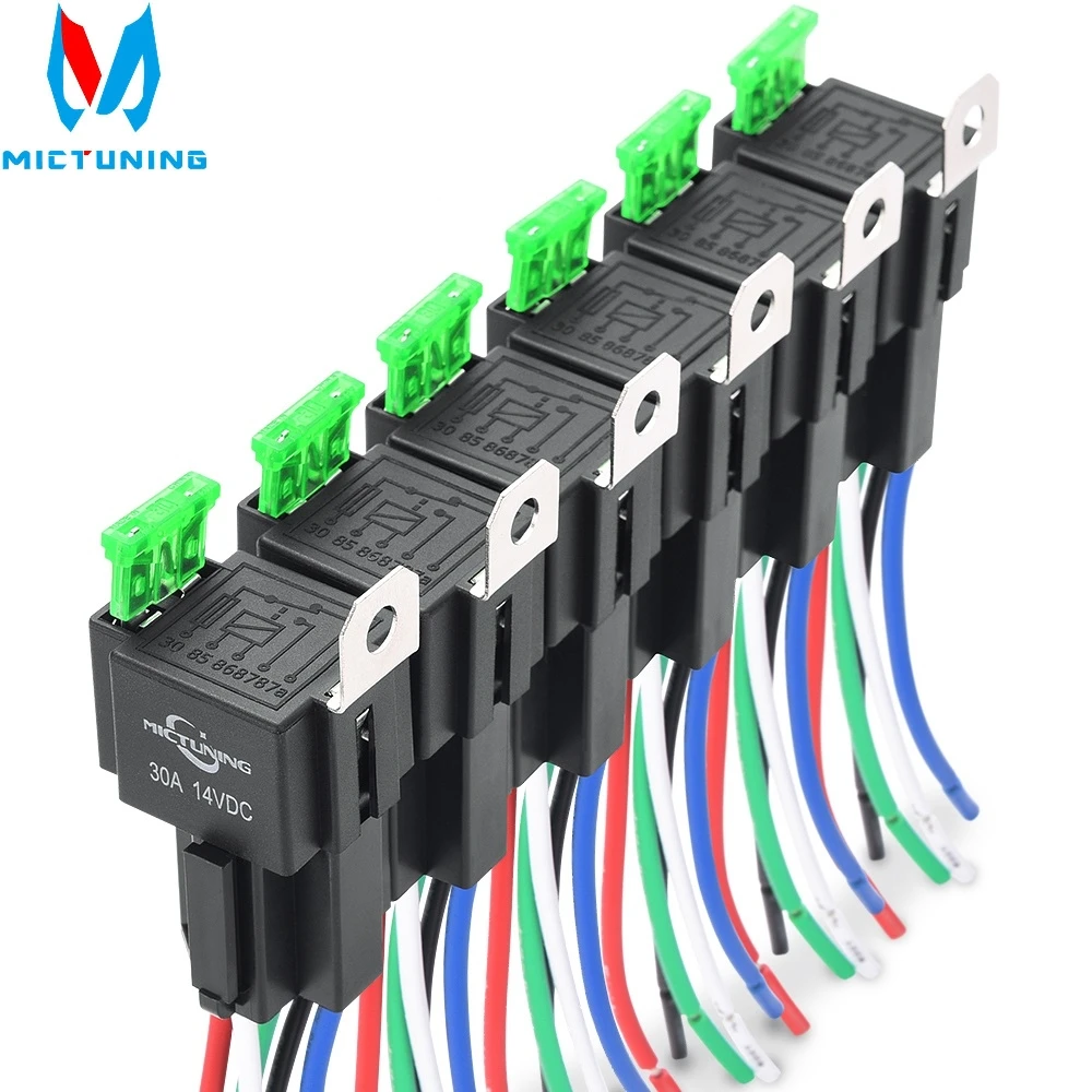 MICTUNING 12V Fuse Relay Switch 6pcs 30A Fuse Relay Switches Harness Set 12V DC 4-Pin SPST Automotive Relays 14 AWG Hot Wires