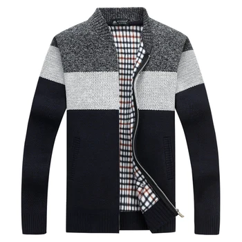 

New Arrival Men Sweaters Casual Wool Warm Thick Warm Cardigan Striped Stand Collar Cotton Material Zipper Thin Wool Sweater