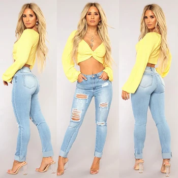 

NEW ARRIVAL casual Long Jeans Women High Waist Skinny Pencil Blue Denim Pants ripped hole cropped slim fit cotton Jeans women