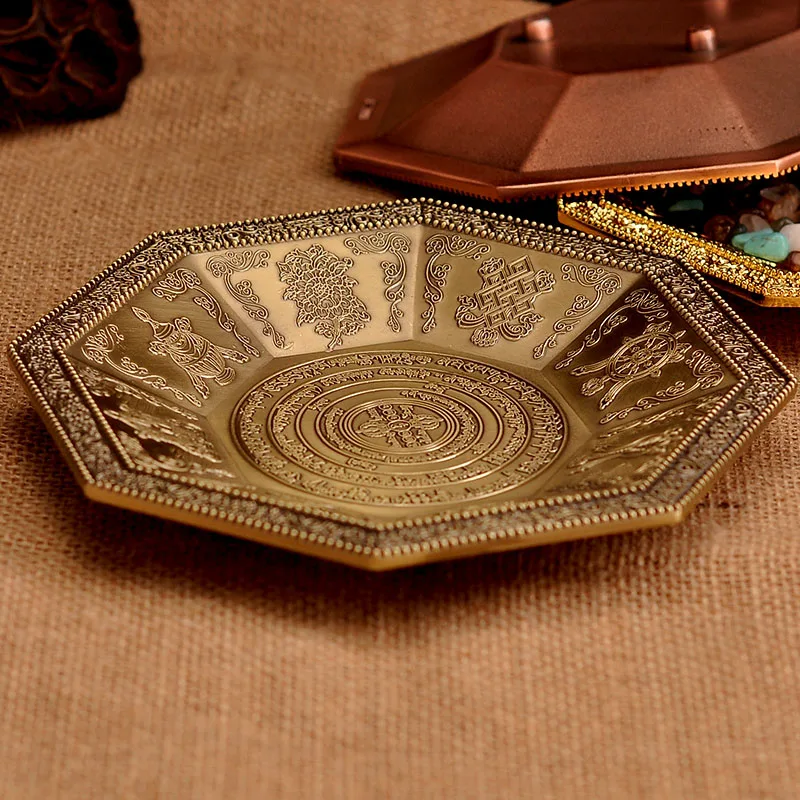 Octagon Tibet Buddhist Scriptures Burning Tray Fantastic Rised Incantation Eight Auspicious Symbols Fire Sacrificial Dish