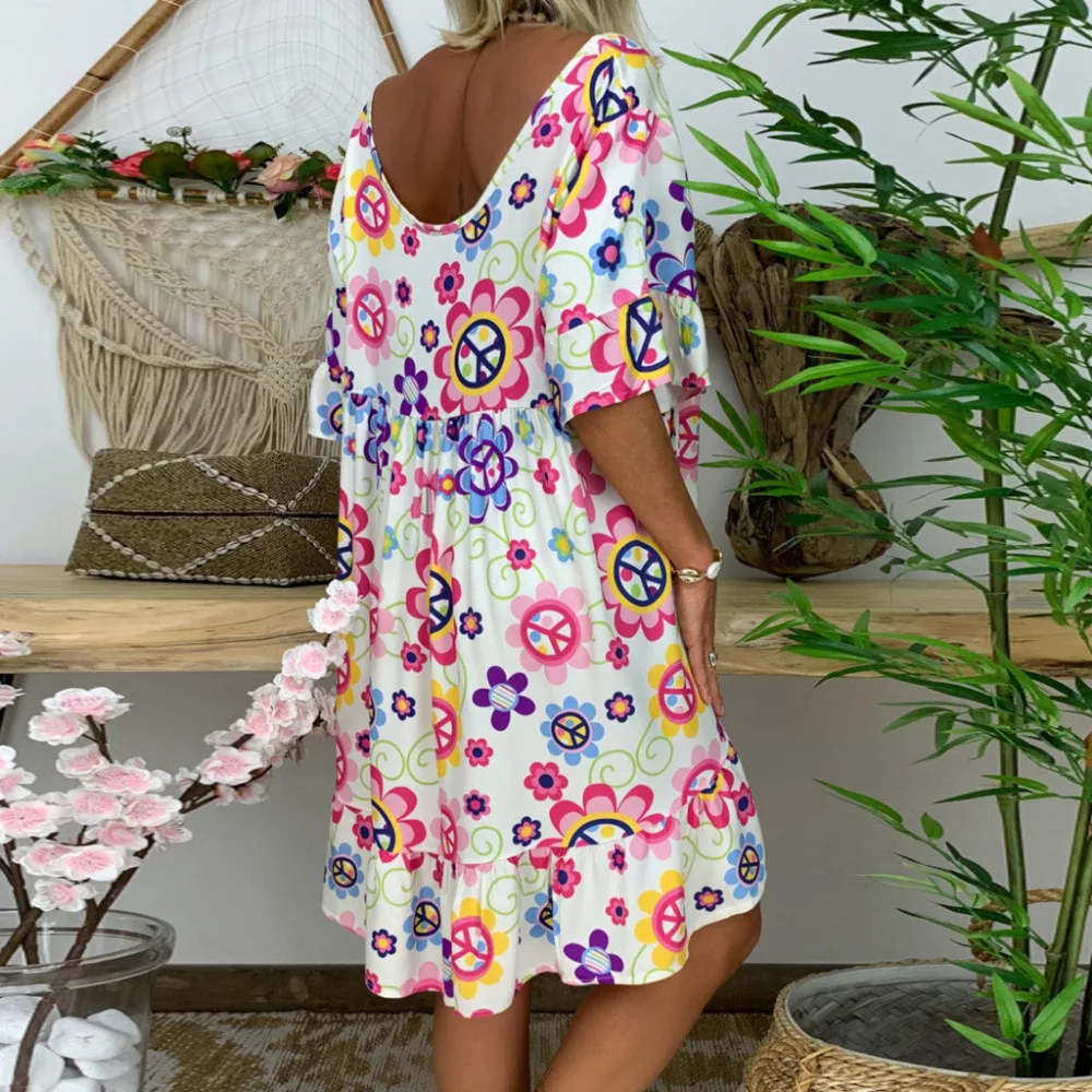 2019 woman summer sexy loose beach dress long print short-sleeved mini beach dress cover up sunscreen beach dress plus size 40J3 (5)