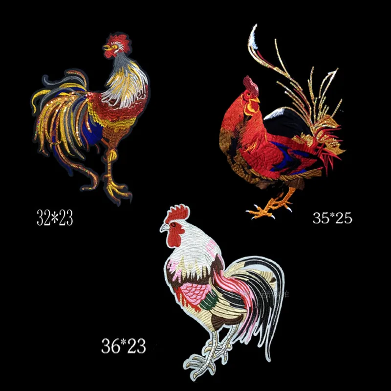 

2Pcs/Lot Cock Crow Sequins Letter Applique Large Embroidery Rooster Big Rooster Patch For Clothes
