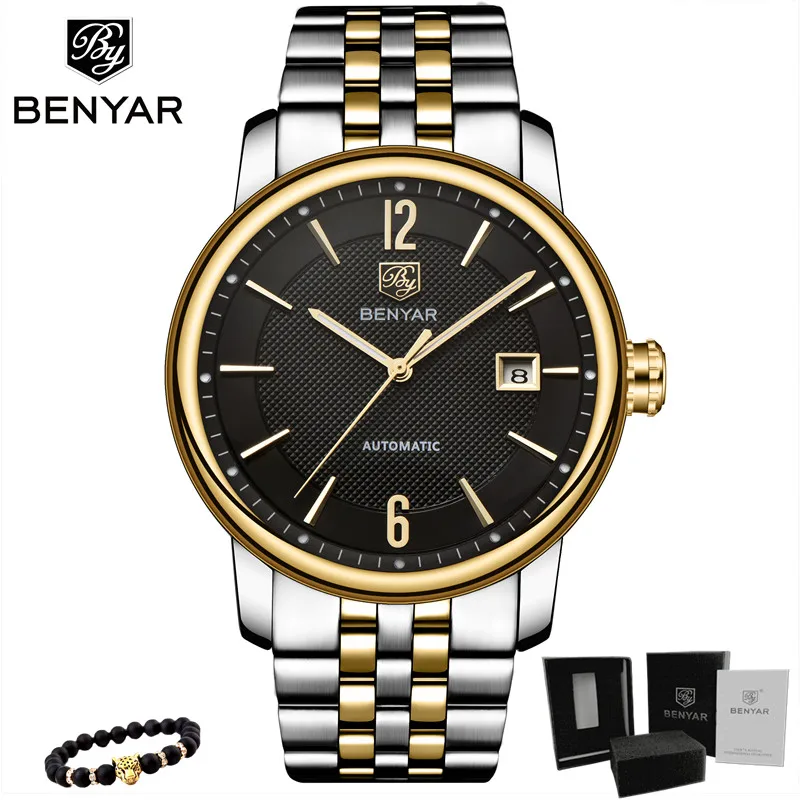 BENYAR Топ бренд класса люкс для мужчин s часы бизнес полный сталь Мода повседневное водонепроницаемый автоматические часы мужские часы Relogio Masculino - Цвет: Steel-Gold black