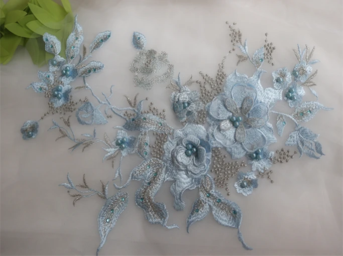 

light blue 3D flowers Lace applique, embroidered lace patches for dance costume bridal garment accessories