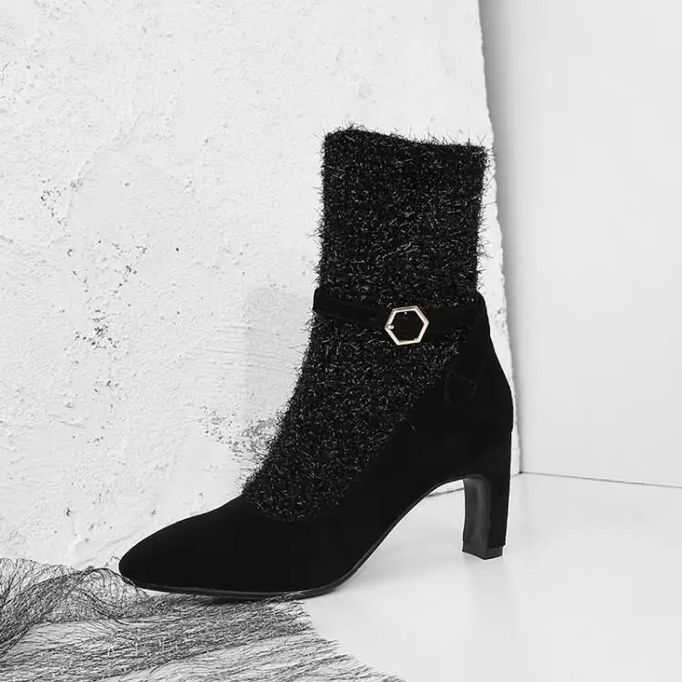 

Women Boots Pointed Toe Knitting Warm Winter Boots Metal Belt Buckle Decor Ankle Boots Short Booties Women Stiletto Sock Boots