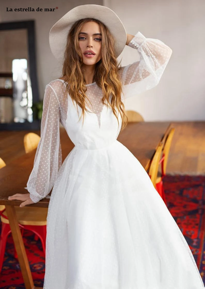 Vestido novia boho Новое кружевное свадебное платье трапециевидной формы с длинным рукавом цвета слоновой кости, Пляжное свадебное платье sukienka slubna