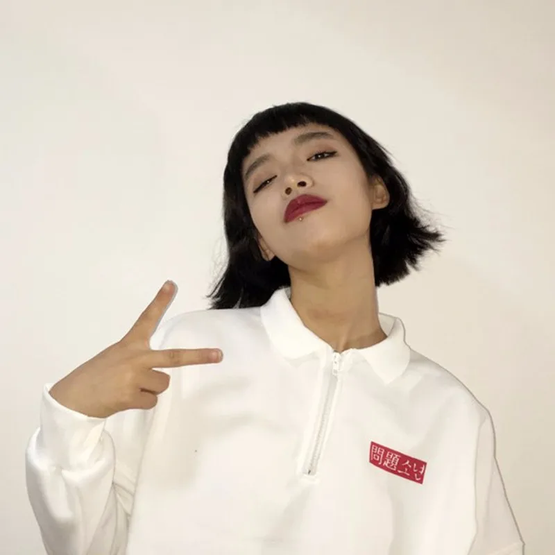 Lychee Harajuku Весна Осень для женщин Толстовка проблема Письмо печати отложной воротник пуловер с длинным рукавом повседневное свободный спортивный костюм