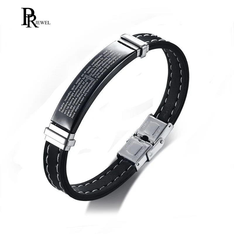 Men s Vintage Stainless Steel Spanish Bible Engarved ID Nameplate Bangle in Wrap Bracelets From 