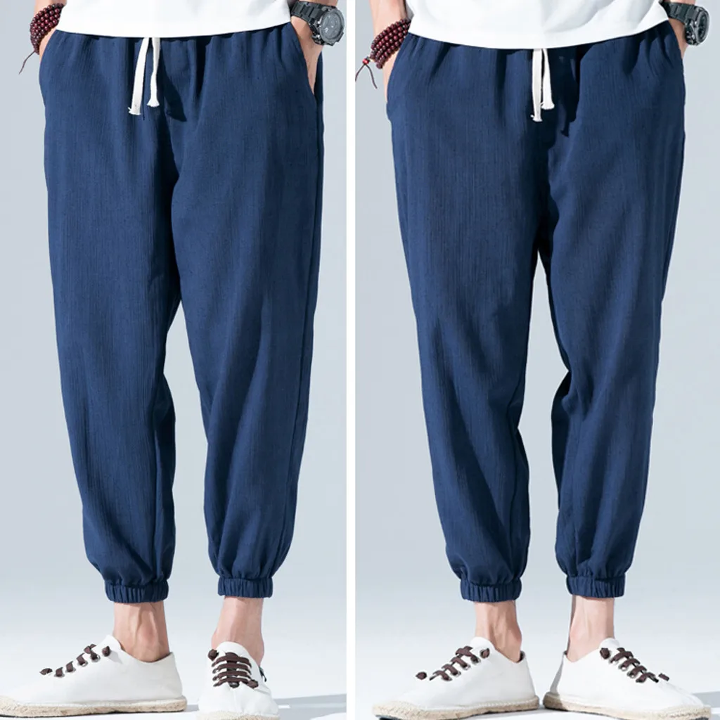 Jaycosin Spring Summer Holiday Style Pants Fashion Mens Linen Pants Solid Slim Fitted Pants Gyms Plus Size 5xl Harem Pants