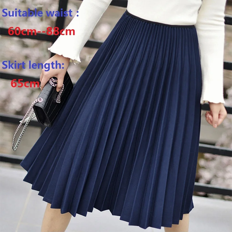 Navy Blue-65cm Aonibeier, женские узкие юбки с эластичной резинкой на талии, плиссированные юбки с высокой талией, большие качели, Женская Повседневная черно-белая юбка миди, длина 65 см - Цвет: Navy Blue-65cm