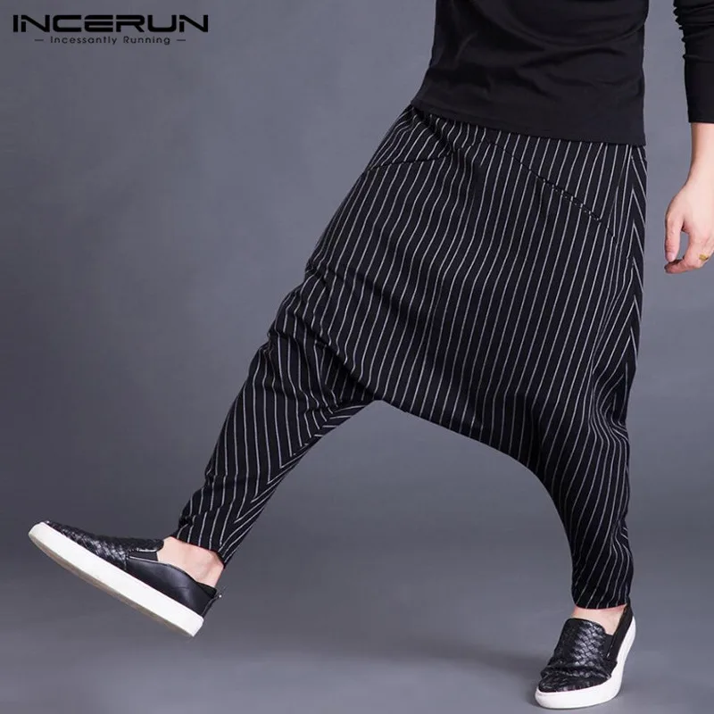 INCERUN Autumn Mens Harem Pants Elastic Waist Stripe Pockets Casual Loose Drop Crotch Trousers Men Streetwear Hip-hop Pants