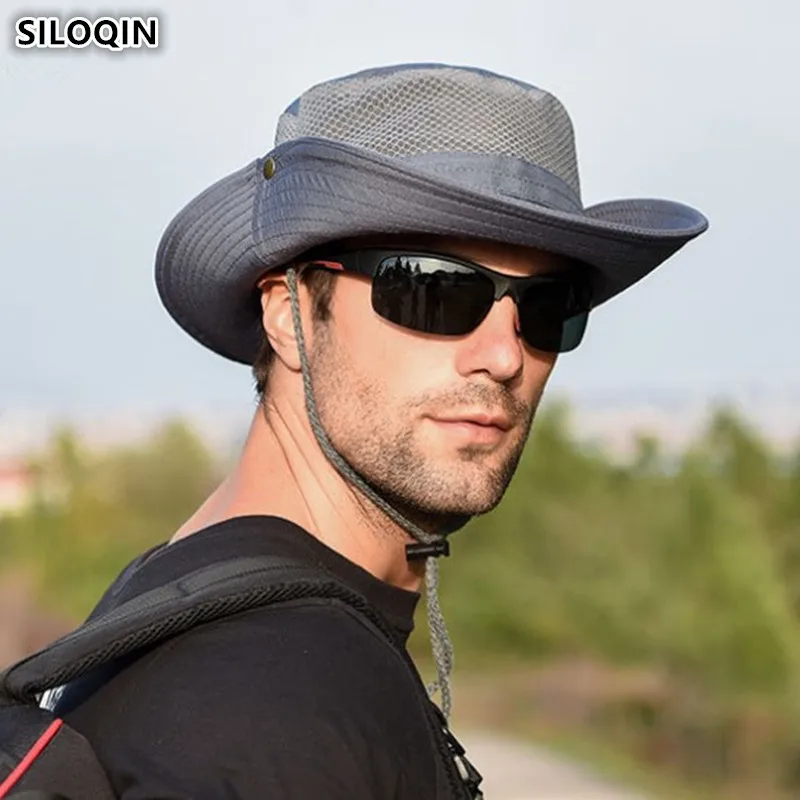 

SILOQIN Summer Foldable Men's Mesh Breathable Bucket Hats Wind Rope Fixed Women's Ventilation Beach Hat New Panama Fishing Cap