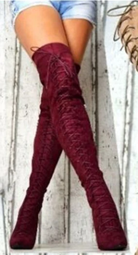 Оригинальное предназначение; женские ботфорты выше колена; зимние сапоги на высоком каблуке; пикантные сапоги с острым носком; обувь с перекрестной шнуровкой размера плюс; Новинка - Цвет: EF1671 Wine Red