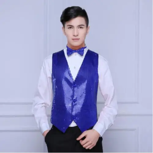 blue Мужской Блестящий Модный тонкий жилет красный желтый Ночной клуб жилет танцевальный костюм Сценические костюмы представление - Цвет: blue