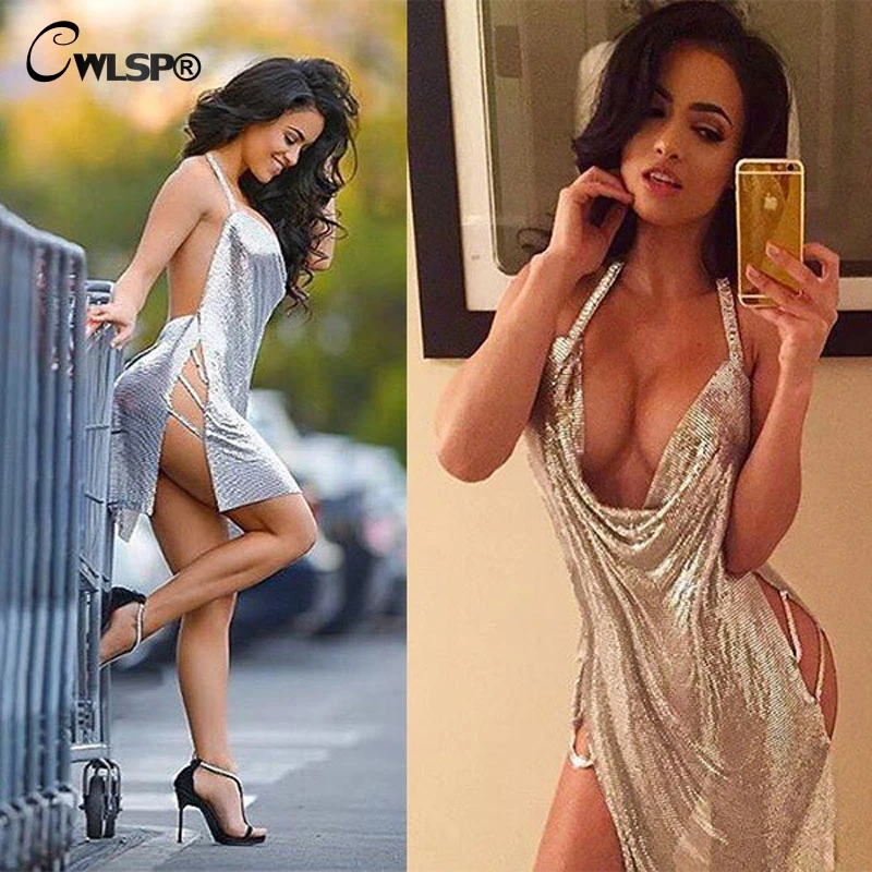 Сексуальное платье футболка с блестками CWLSP Женская Клубная одежда глубоким V
