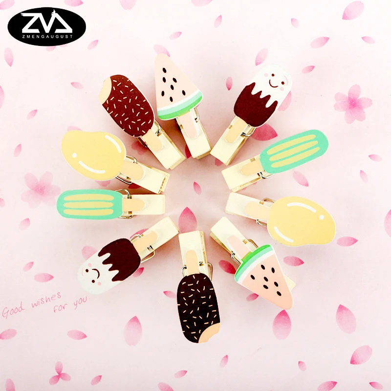 

10pcs/bag Fruit ice cream wooden clip Wood Clips cute stationery party Decoration Photo Paper Craft Diy Clips With Hemp Rope