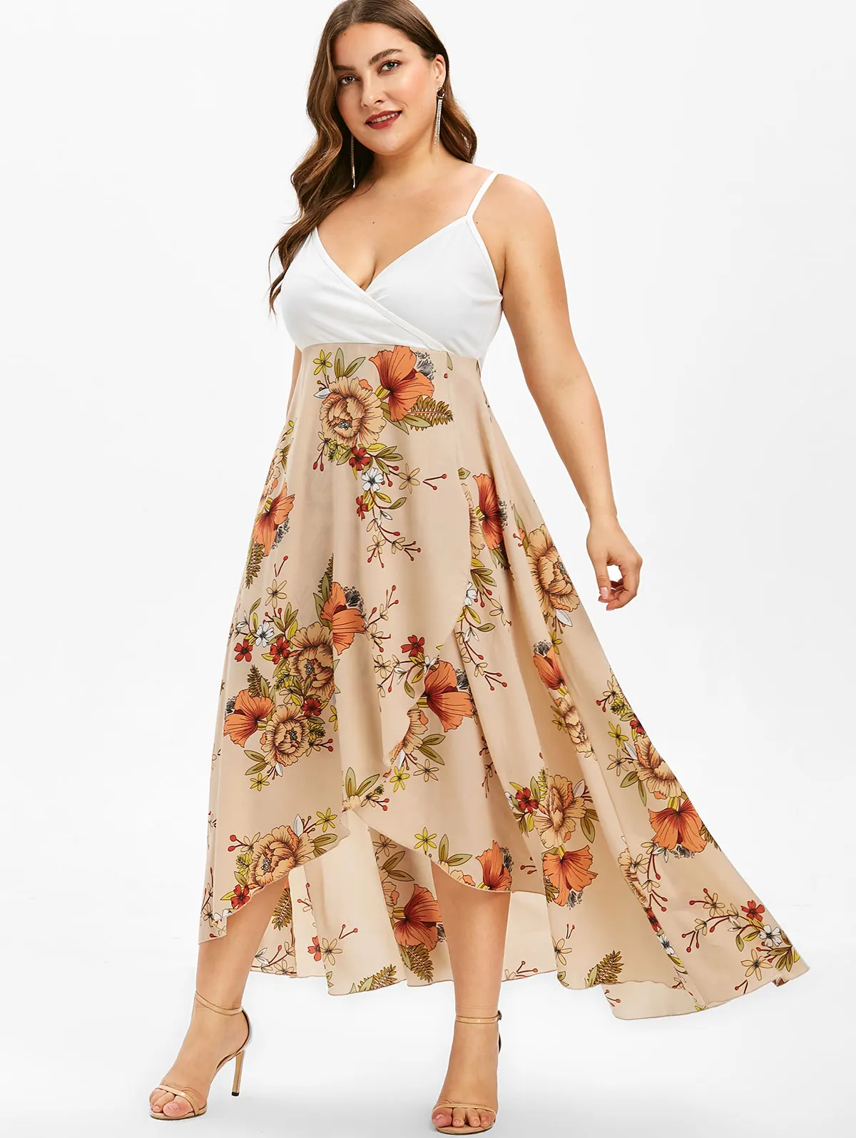 

ROSEGAL Plus Size Summer Floral Print Overlap Slip Dress Spaghetti Strap Beach Boho Dress Women Casual A-Line Dress Vestidos