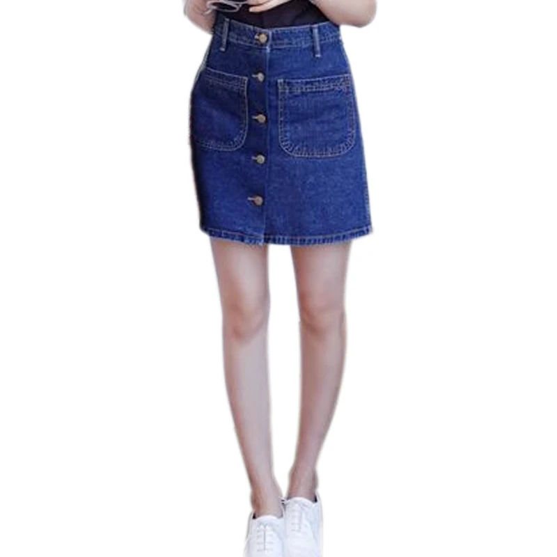 

New Hot Summer Women High Waist Denim Skirts With Pocket Front Single-breasted Vintage Jeans Skirt YAA99