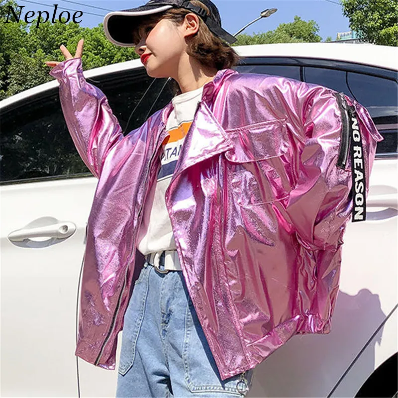 

Shinny Laser Women Fashion Jacket Zipper Placket Pockets Letters Coat 2019 Spring Autumn Casual Loose Cool Outwear 69556