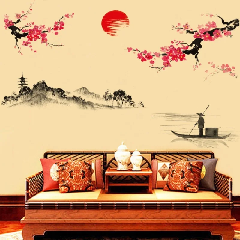 

Chinese Style Classical Ink Wall Stickers Flower Tree Sakura Decorative Painting Creative Wall Stickers Home Decor Living Room