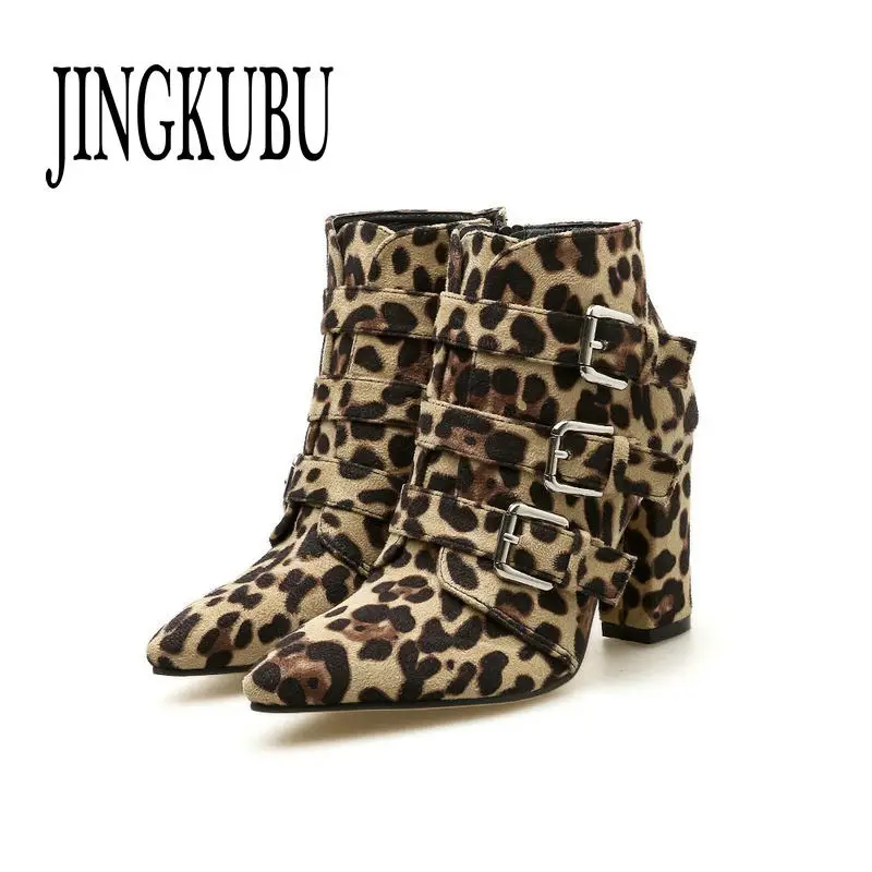 

JINGKUBU 2018 Fashion Leopard Grain Print Women's Boots Arrival Zip Buckle Pointed Toe Shoes High Heels Females Botas Size 35-40