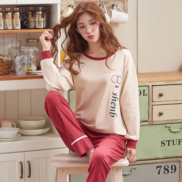 Spring Korean Style Ladies Pajamas Set Sleepwear Large Size Long Sleeve
