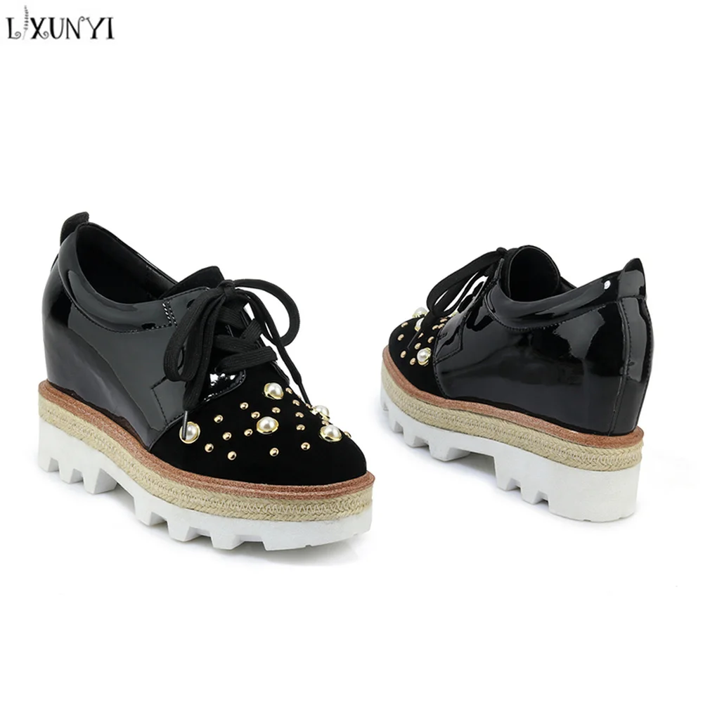 

LXUNYI Women Cow Leather Creeper Fashion Flat Platform Ladies Shoes for Woman Height Increasing Lace Up Female Footwear Shoes