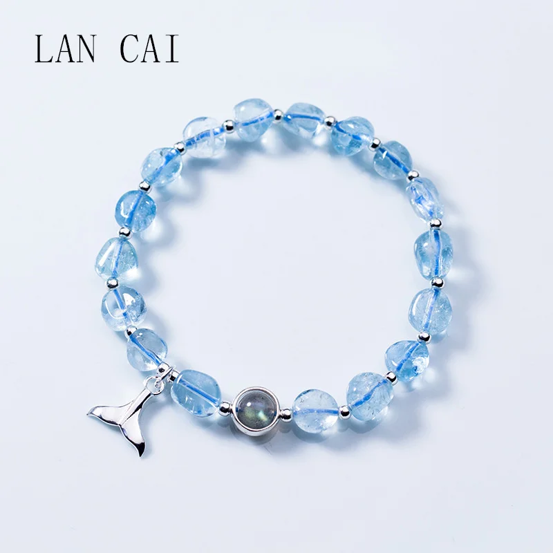 

LAN CAI Original Irregular Aquamarine Beads Bracelet for Women 925 Sterling Silver Mermaid tail Pendant Bracelet Girlfriend Gift
