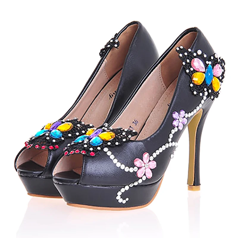 

Wedding Shoes Woman Black White Shoes High Heels Platfrom Peep Toe Pumps Sexy Crystal Rhinestone Bridal Party Shoes Big Size 43