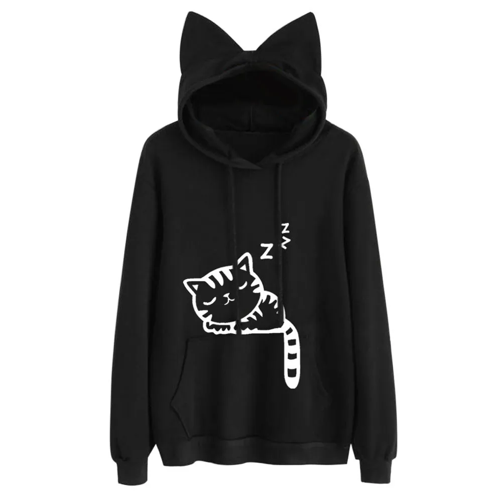 Cartoon Cat Print Sweatshirt Long Sleeve Casual Women Pullovers Black
