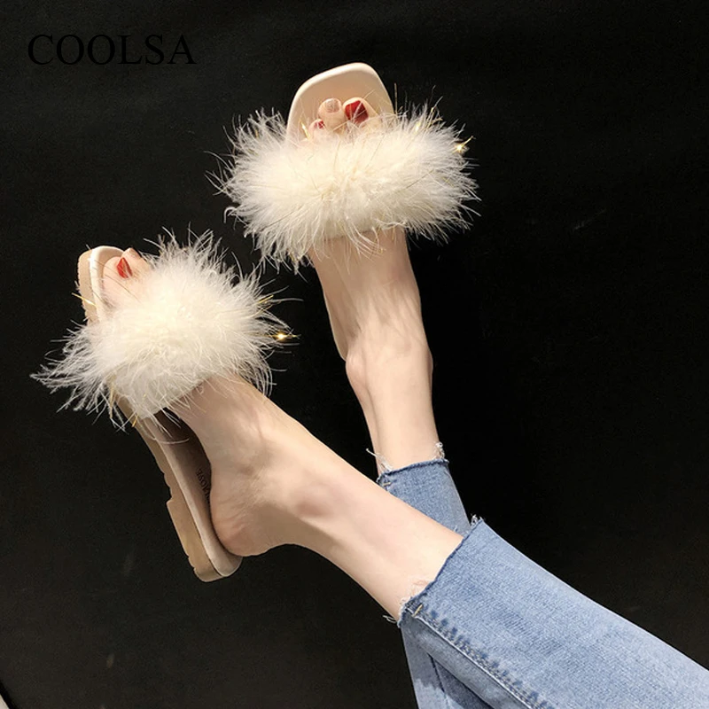 

COOLSA New Female Ostrich Plush Slippers Summer New Fashion Sexy Flat Slides Fluffy Feather Slippers Fur Sandals