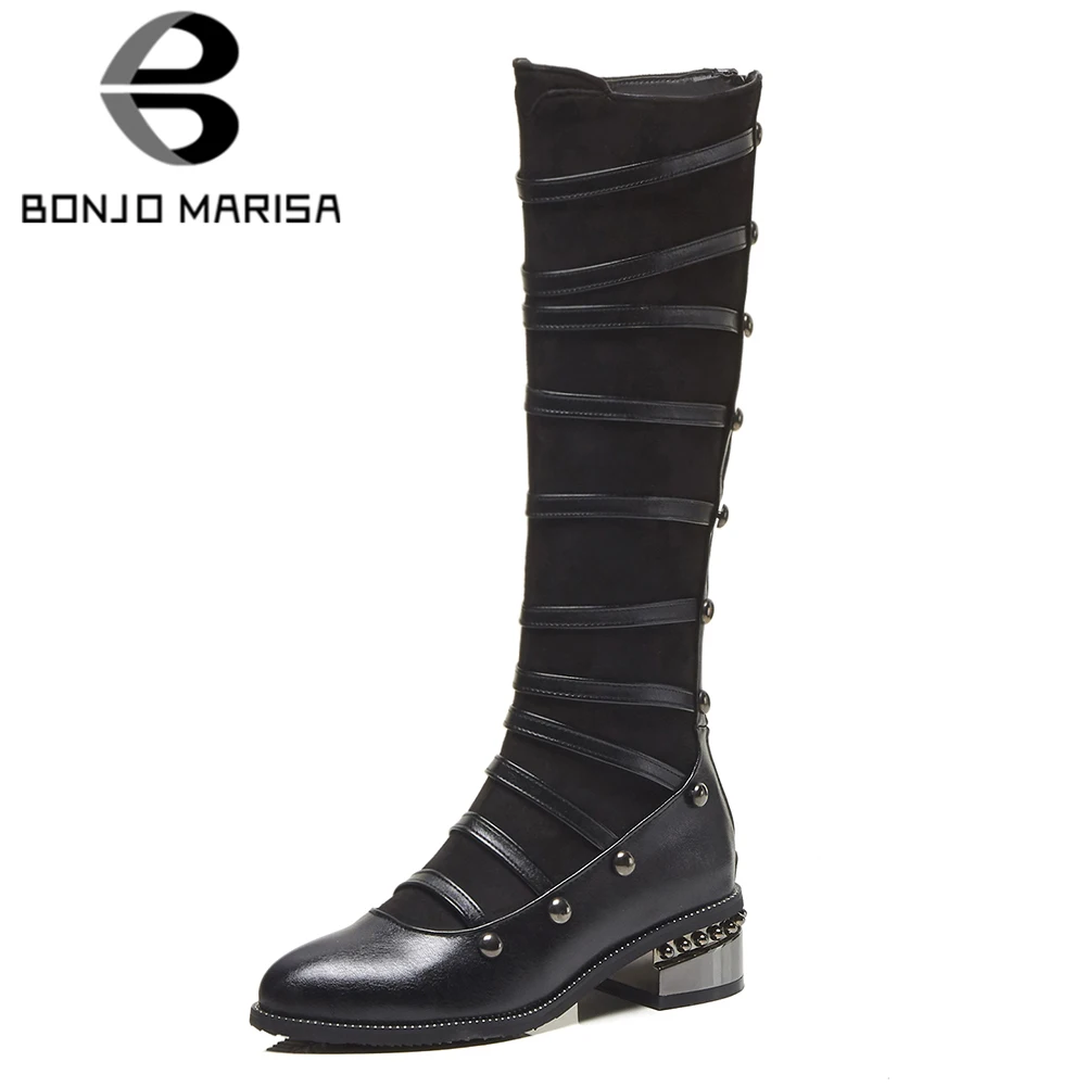 

BONJOMARISA 2019 Autumn Winter Plus Size 32-48 Brand Design Platform Knee High Boots Women Fashion Strap Med Heels Shoes Woman