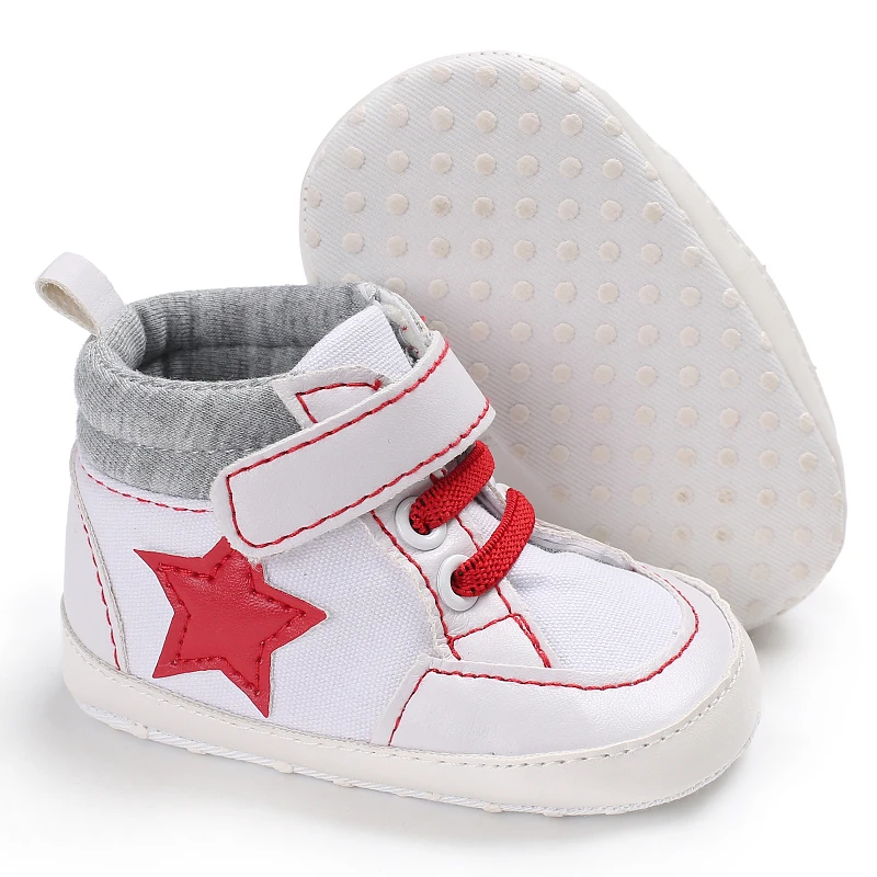 Обувь для маленьких мальчиков и девочек Высокие Кроссовки Первая ходунка обувь детская кроватка Bebe новорожденных мягкая детская подошва пять звезд спортивная обувь