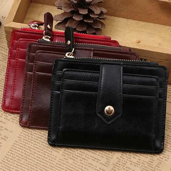 Classic PU Leather Zipper Hasp Coin Purse Photo Bit Credit Card Slots