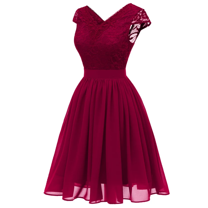 Women Sexy V Neck Lace Chiffon Dress Summer Fairy Retro Party Dress Slim Waist Robes femme ete 2018 Swing Vintage Dress Pink (4)