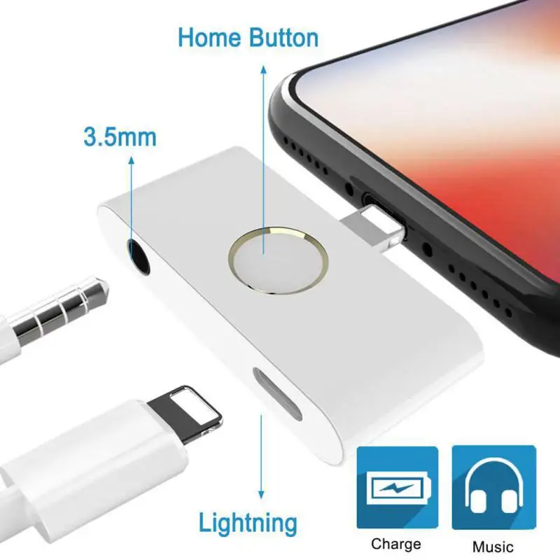 

New External Home Button Audio Converter with Home Button for iPhone, 2-port Plug-and-play Music Charging Connector Adapter