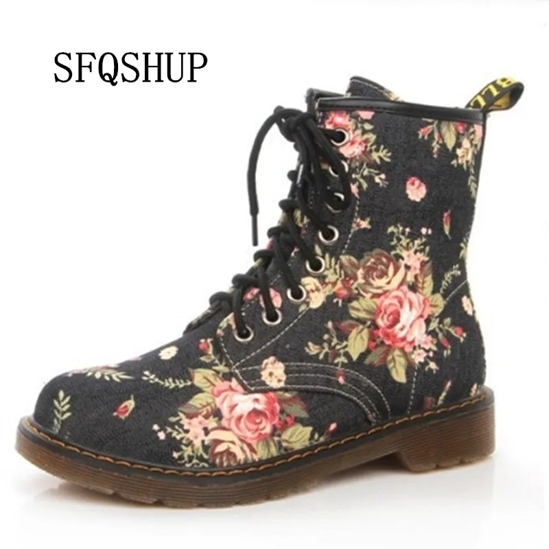 

SFQSHUP Plus Size Fashion Autumn Beautiful Flower Shoes Woman Lace-Up Motorcycle Cow Muscle Cowboy Flat Ankle Boots For Women