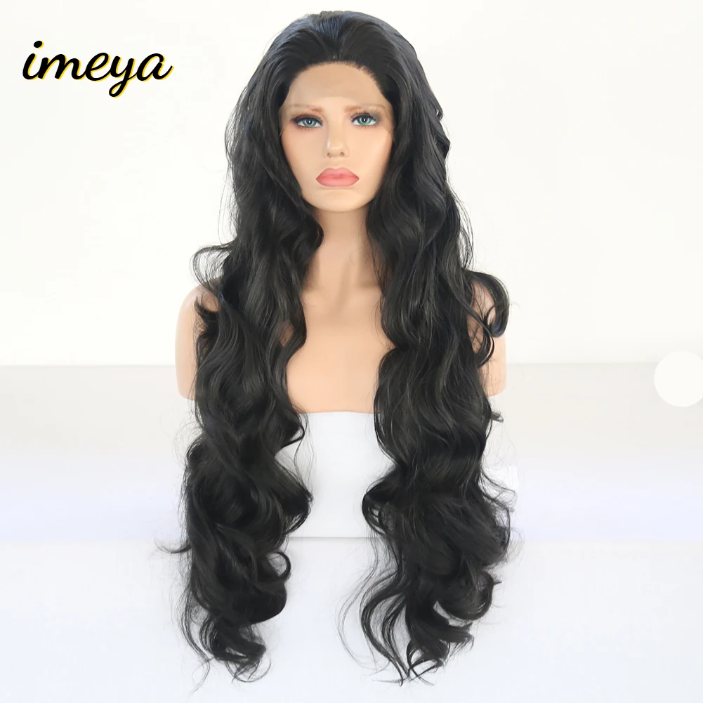 Imeya длинные черные волнистые парики с бесплатной частью высокая температура термостойкие волокна синтетические парики на кружеве для женщин