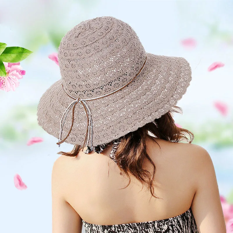 Women Lace Hollow Straw Cap Large Brim Foldable Hat Summer Ladies Elegant Travel Caps Female Fisherman Sun Hats CP0200 (6)